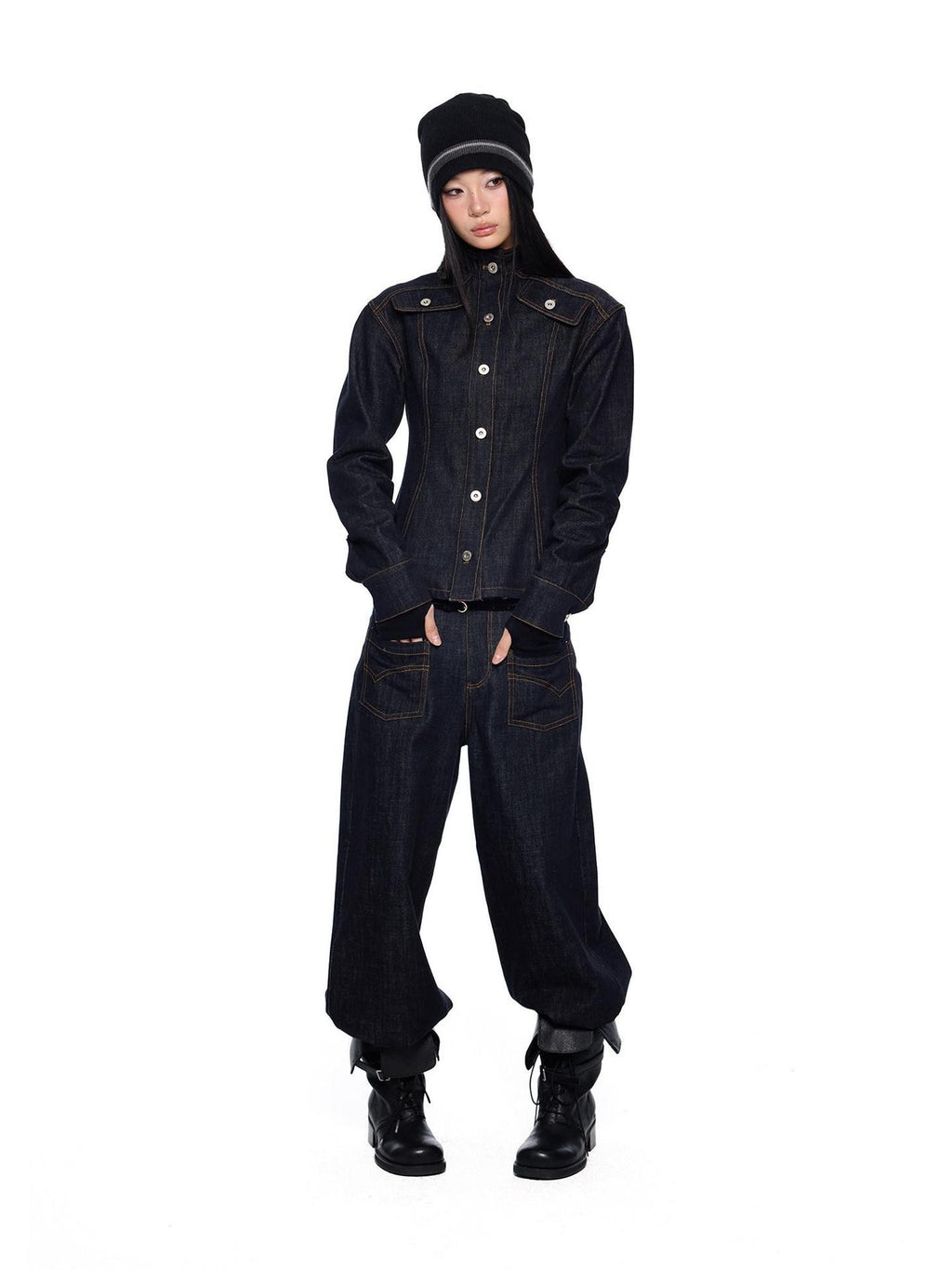 EZEK Broad Shoulder Waist Cinched Retro Denim Women's Cotton Casual Top & Pants Sets