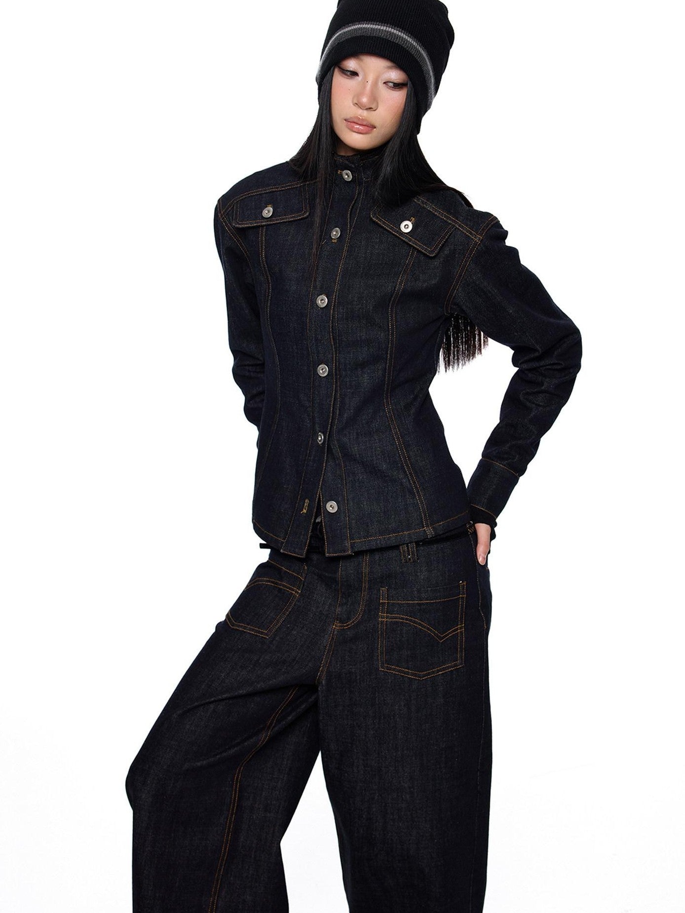 EZEK Broad Shoulder Waist Cinched Retro Denim Women's Cotton Casual Top & Pants Sets