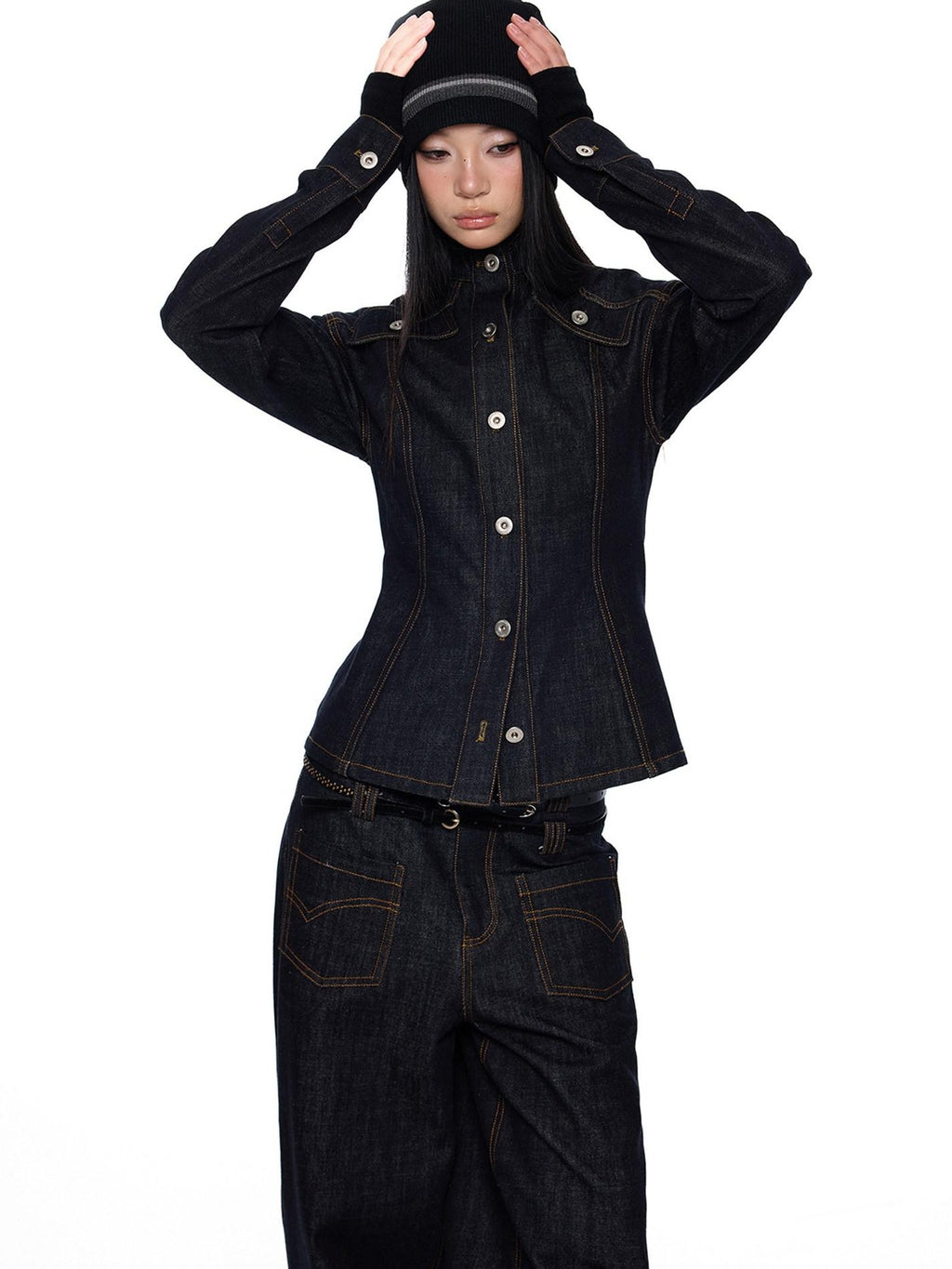 EZEK Broad Shoulder Waist Cinched Retro Denim Women's Cotton Casual Top & Pants Sets