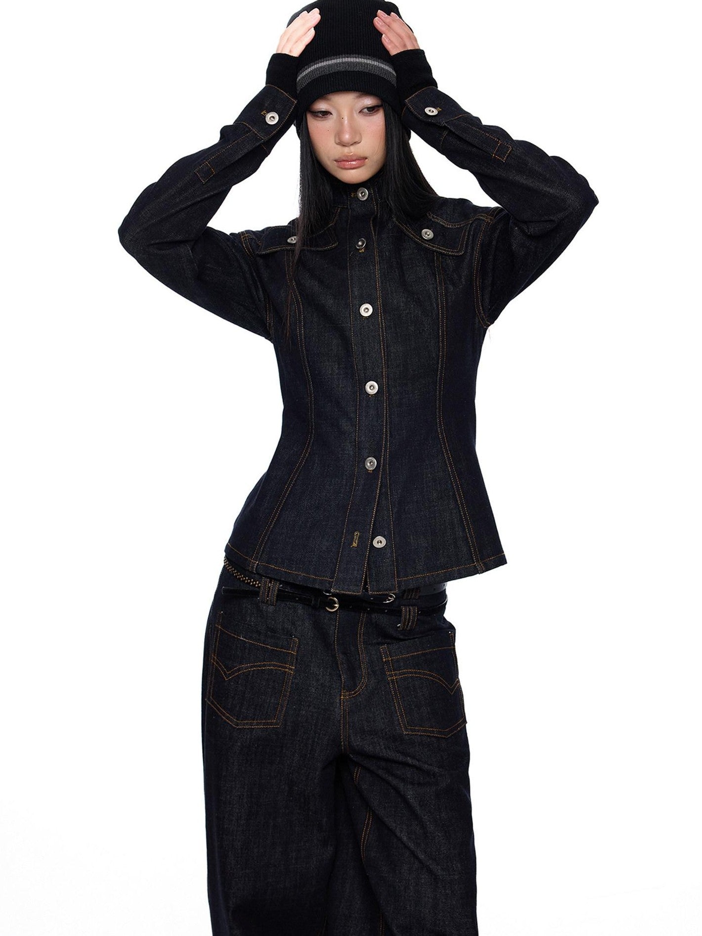 EZEK Broad Shoulder Waist Cinched Retro Denim Women's Cotton Casual Top & Pants Sets