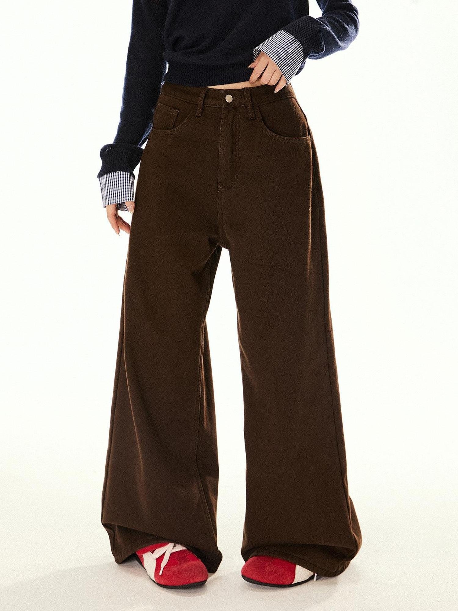 EZEK Brown Barn Style Button Loose Women's Fleece Lined Wide-leg Jeans