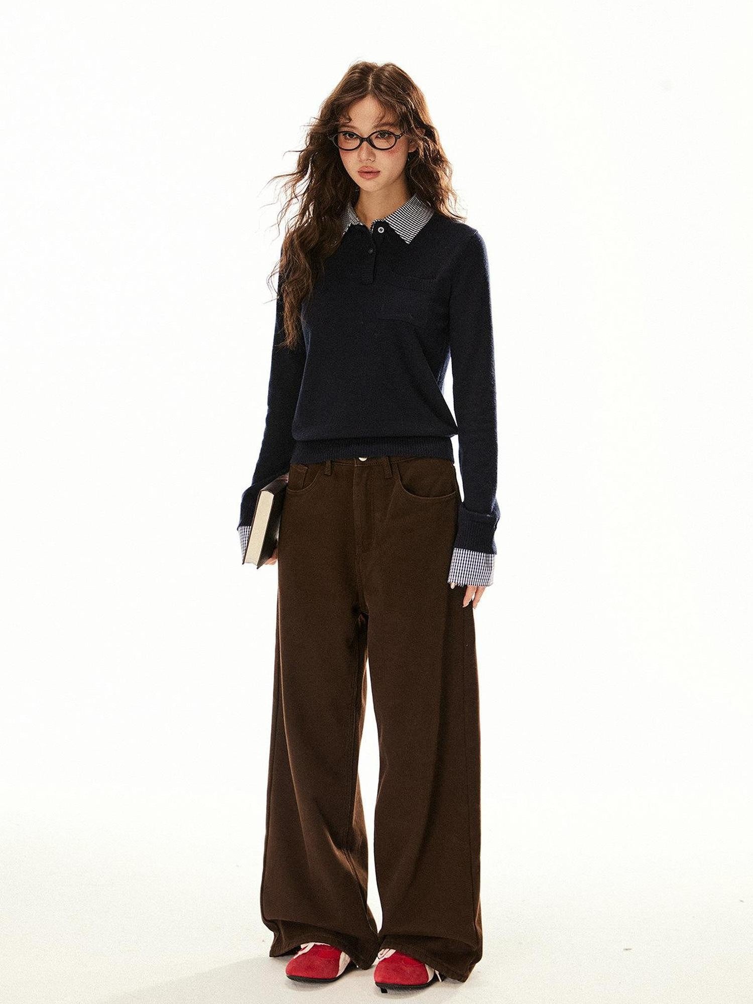 EZEK Brown Barn Style Button Loose Women's Fleece Lined Wide-leg Jeans
