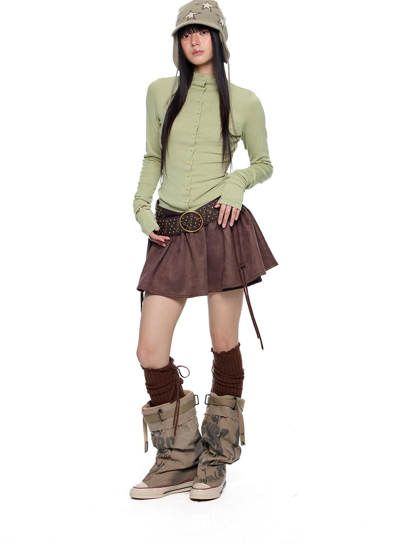 EZEK Brown Faux Two Piece Suede Tulip Women's Polyester Spandex Mini Skirts