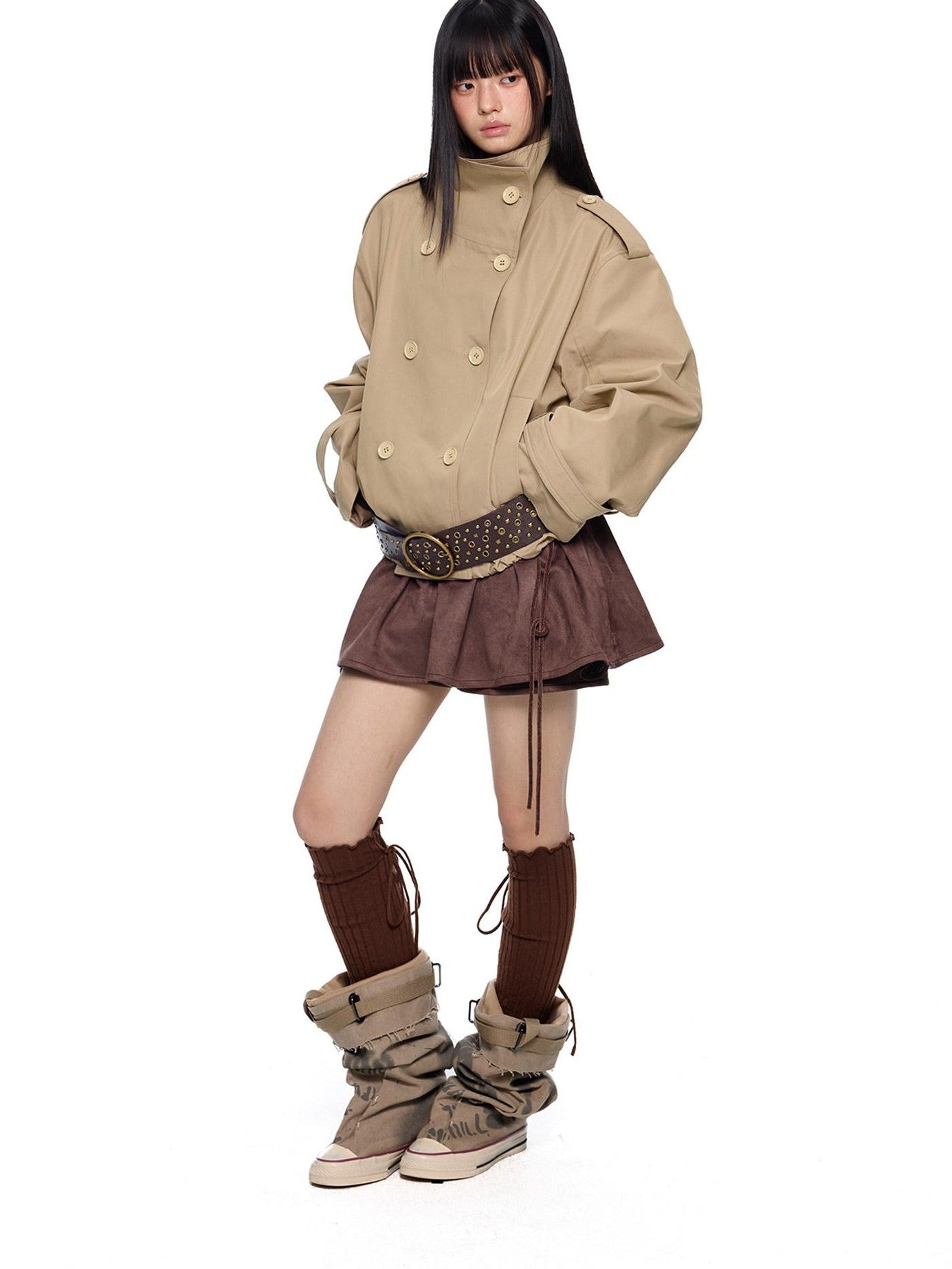 EZEK Brown Faux Two Piece Suede Tulip Women's Polyester Spandex Mini Skirts