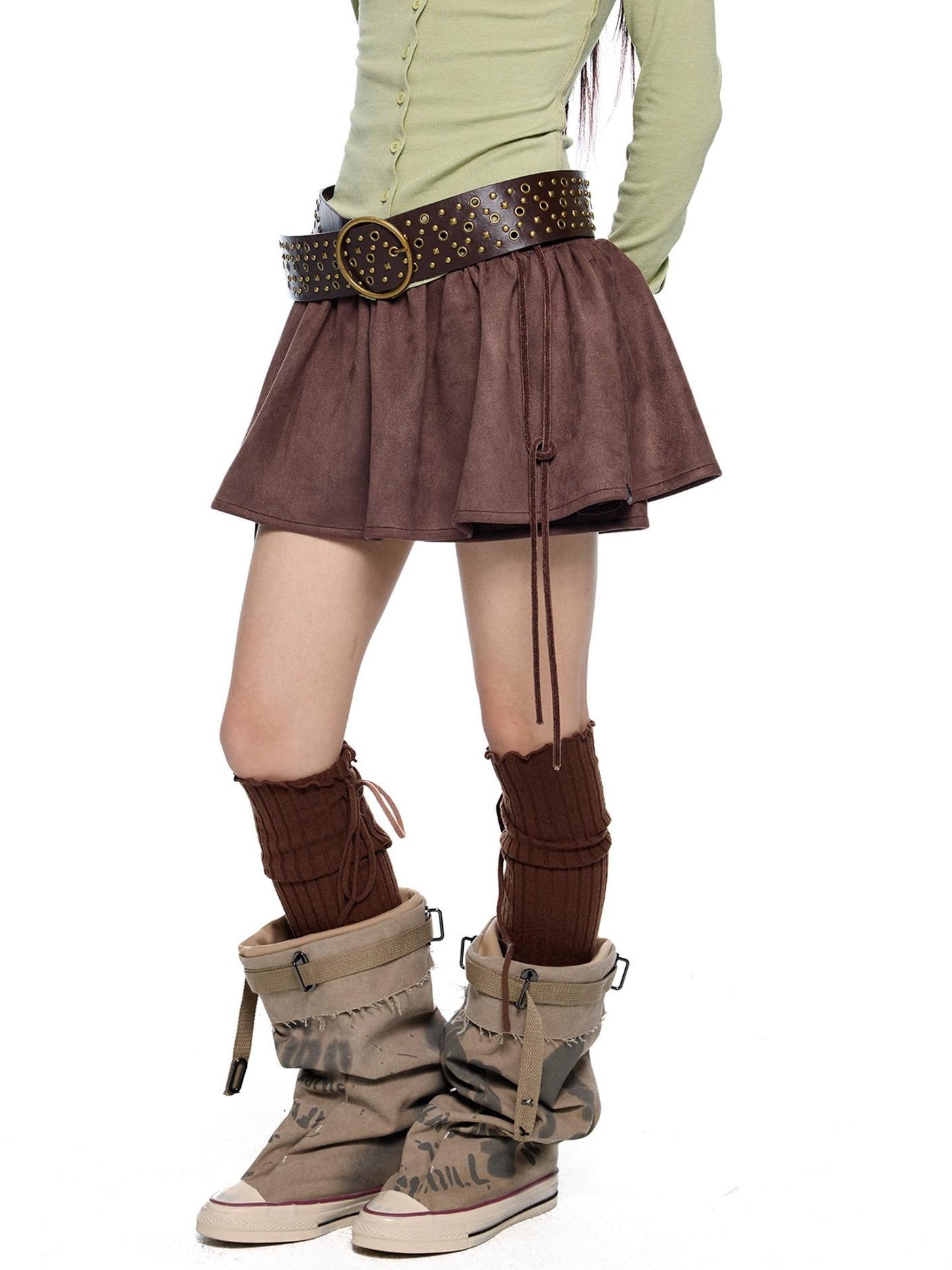 EZEK Brown Faux Two Piece Suede Tulip Women's Polyester Spandex Mini Skirts