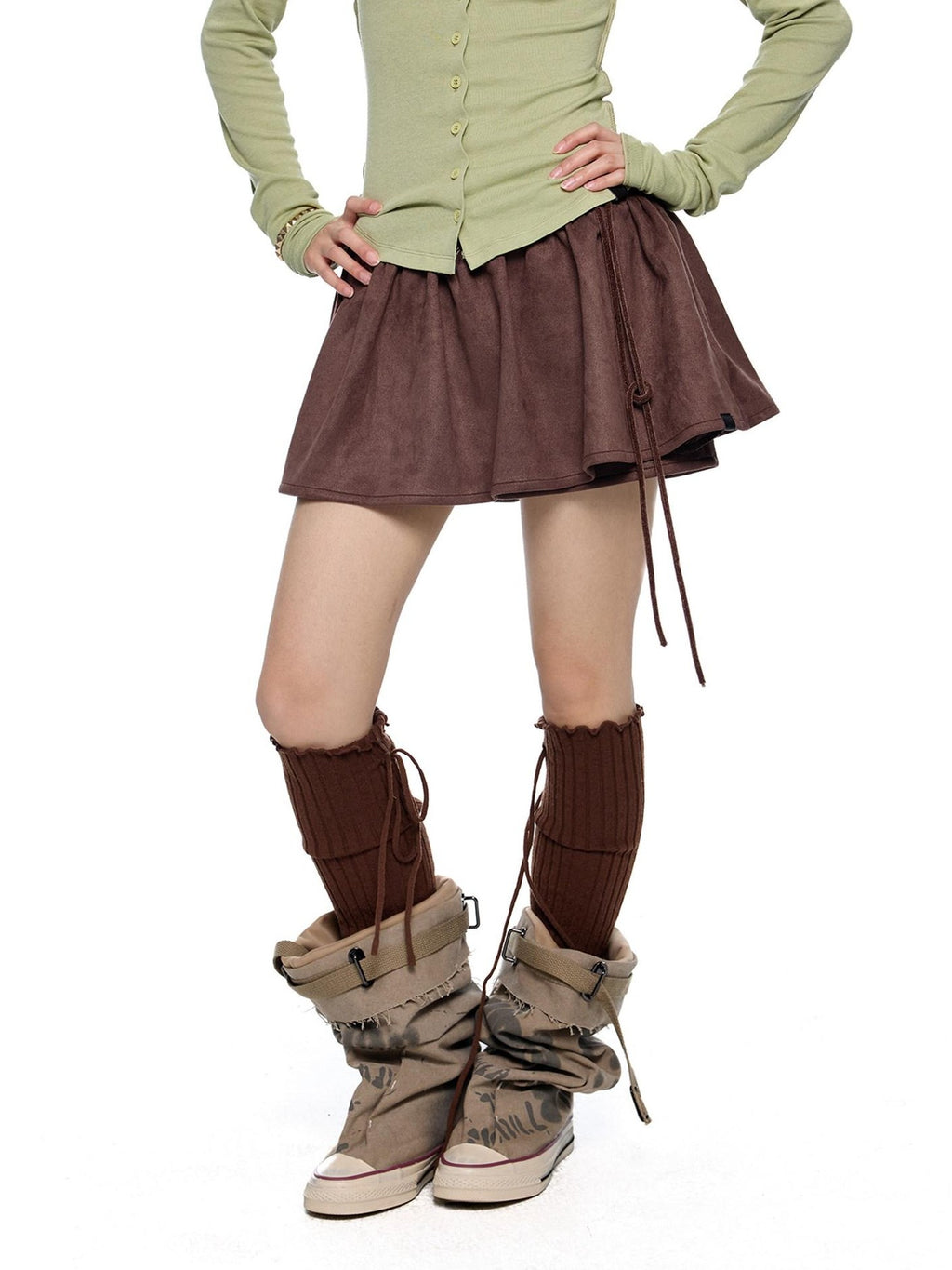 EZEK Brown Faux Two Piece Suede Tulip Women's Polyester Spandex Mini Skirts