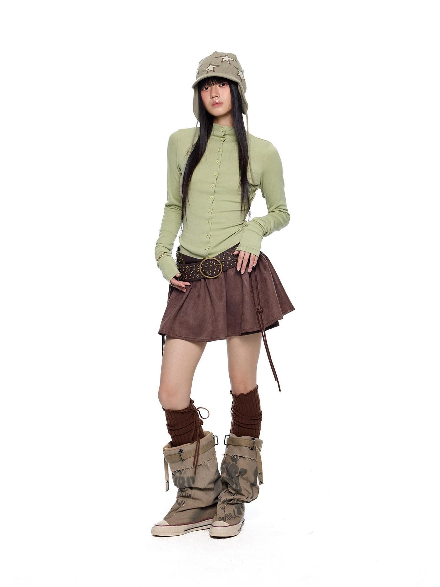 EZEK Brown Faux Two Piece Suede Tulip Women's Polyester Spandex Mini Skirts