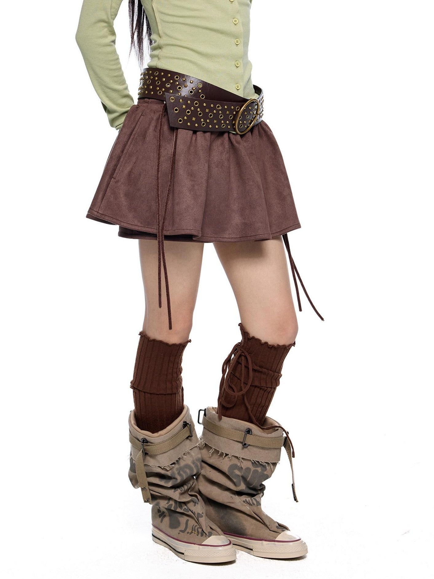 EZEK Brown Faux Two Piece Suede Tulip Women's Polyester Spandex Mini Skirts