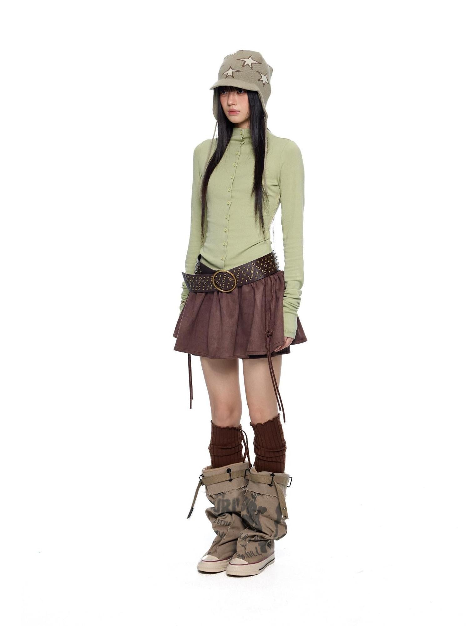 EZEK Brown Faux Two Piece Suede Tulip Women's Polyester Spandex Mini Skirts
