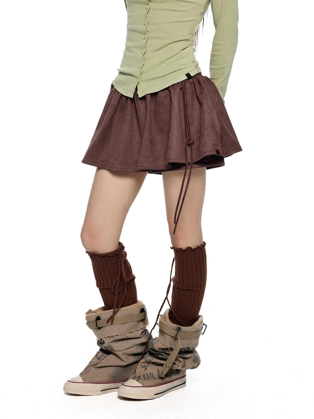EZEK Brown Faux Two Piece Suede Tulip Women's Polyester Spandex Mini Skirts