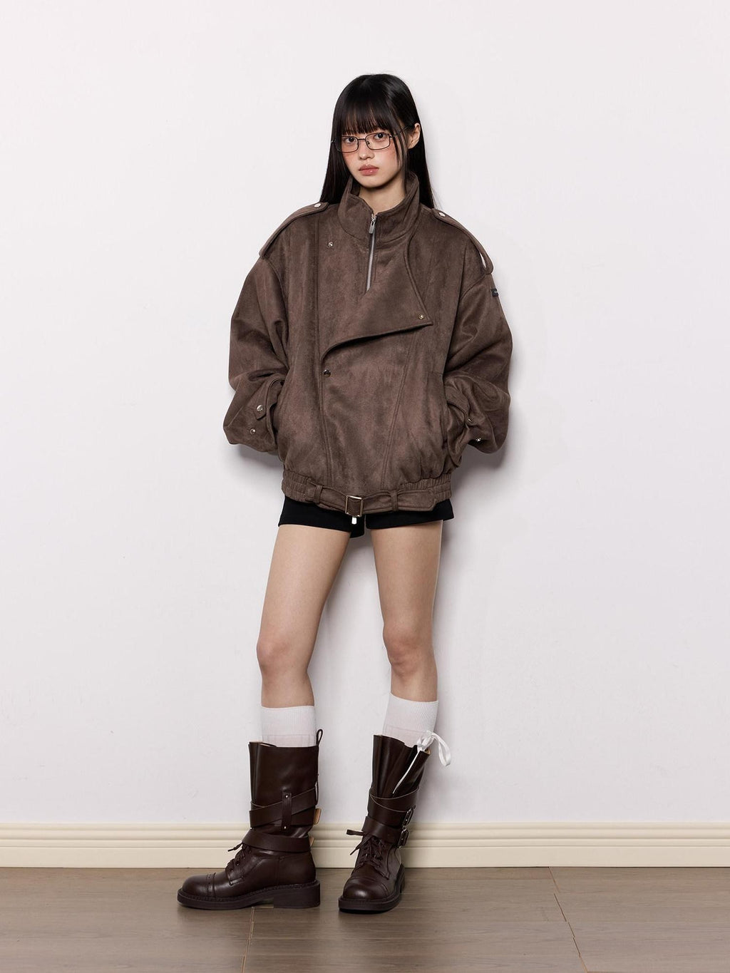 EZEK Brown Oversized Multi Pocket Women's Faux Suede Polyester Leather Jackets