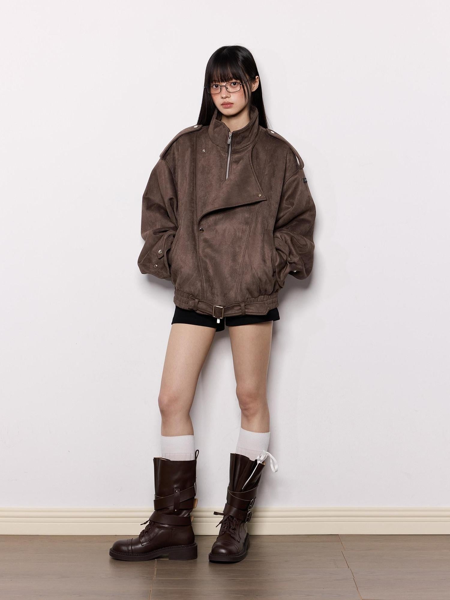 EZEK Brown Oversized Multi Pocket Women's Faux Suede Polyester Leather Jackets