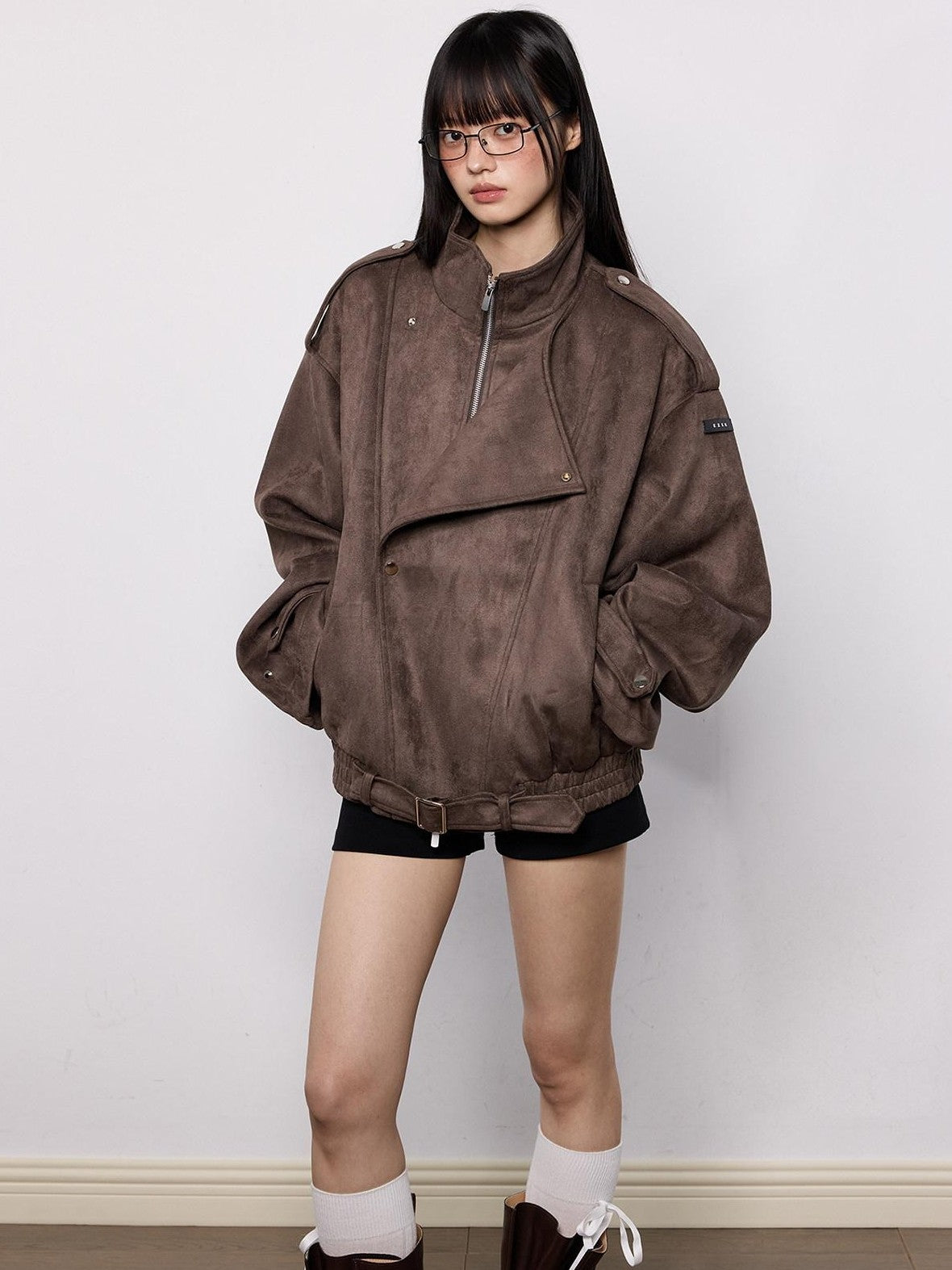 EZEK Brown Oversized Multi Pocket Women's Faux Suede Polyester Leather Jackets