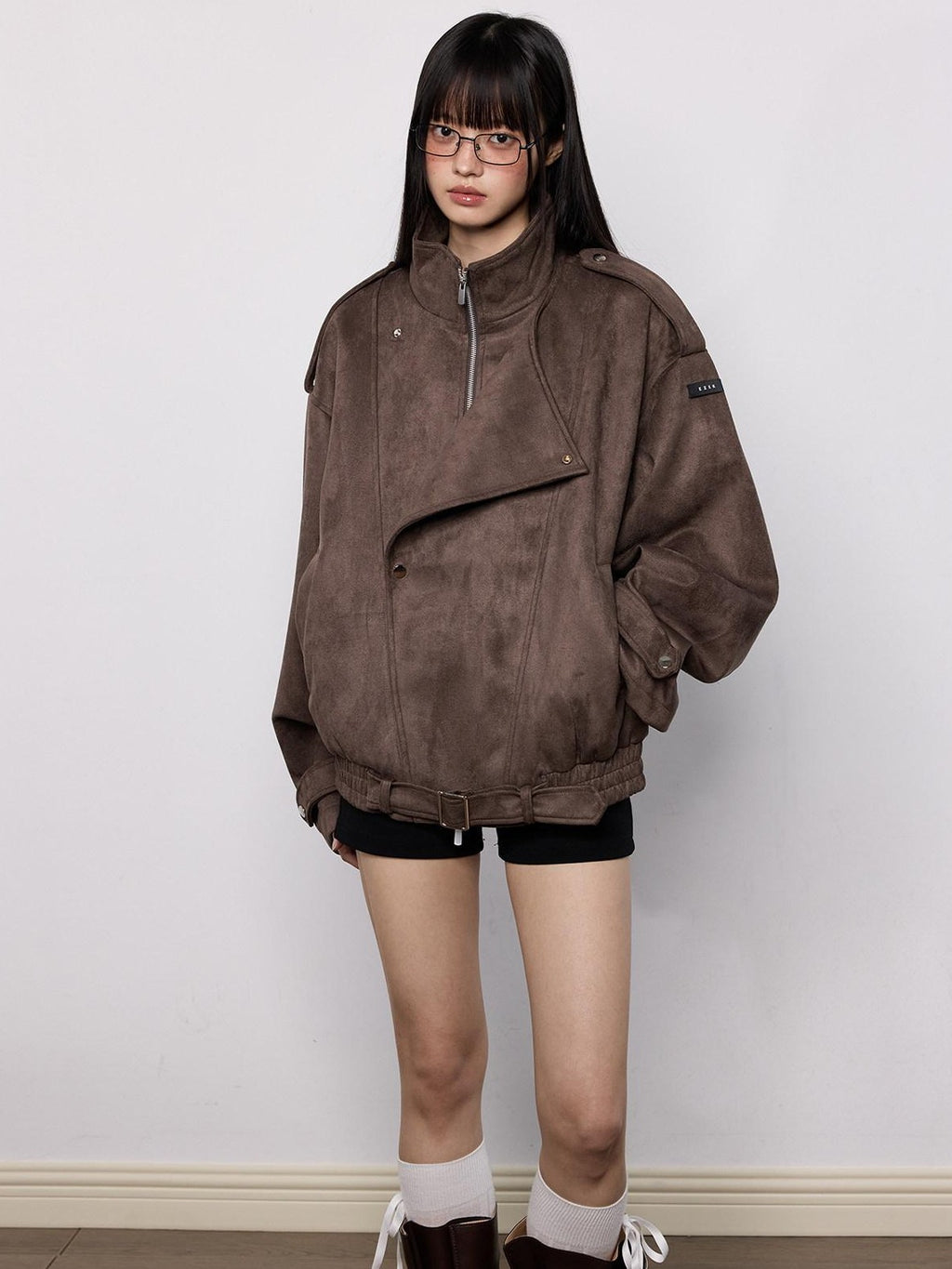 EZEK Brown Oversized Multi Pocket Women's Faux Suede Polyester Leather Jackets