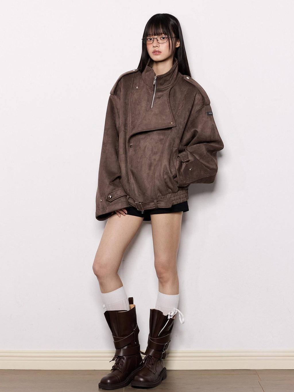 EZEK Brown Oversized Multi Pocket Women's Faux Suede Polyester Leather Jackets