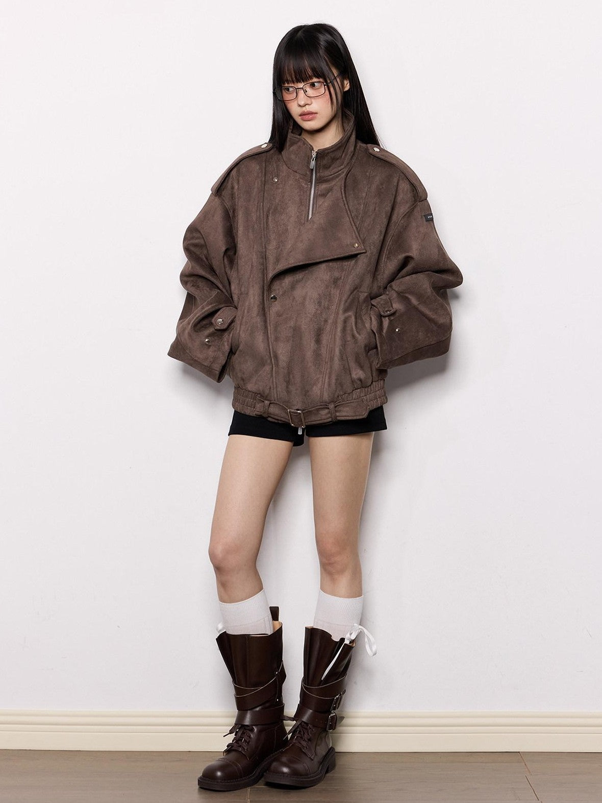 EZEK Brown Oversized Multi Pocket Women's Faux Suede Polyester Leather Jackets