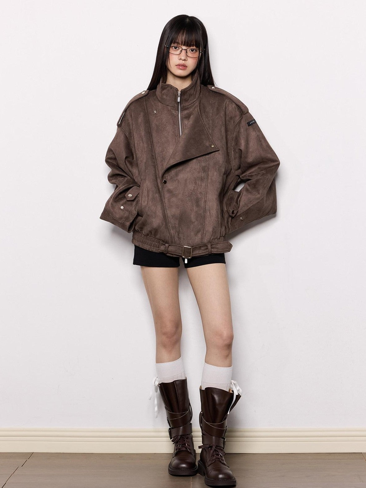 EZEK Brown Oversized Multi Pocket Women's Faux Suede Polyester Leather Jackets