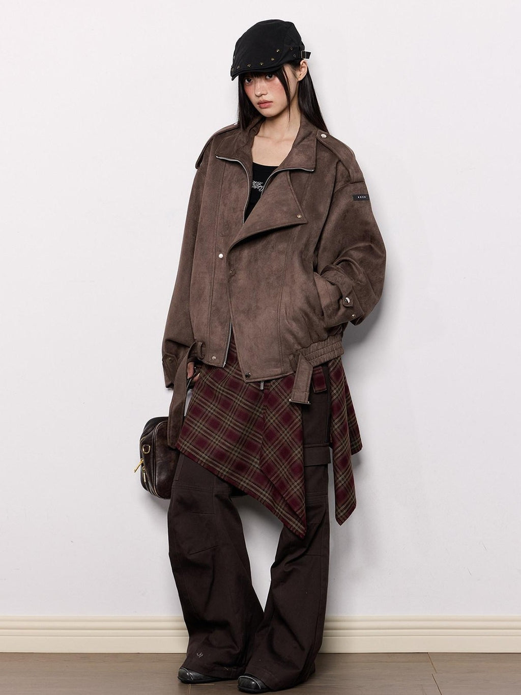 EZEK Brown Oversized Multi Pocket Women's Faux Suede Polyester Leather Jackets
