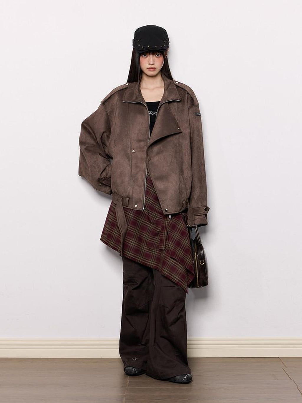 EZEK Brown Oversized Multi Pocket Women's Faux Suede Polyester Leather Jackets