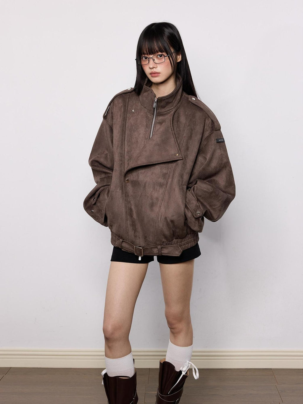EZEK Brown Oversized Multi Pocket Women's Faux Suede Polyester Leather Jackets
