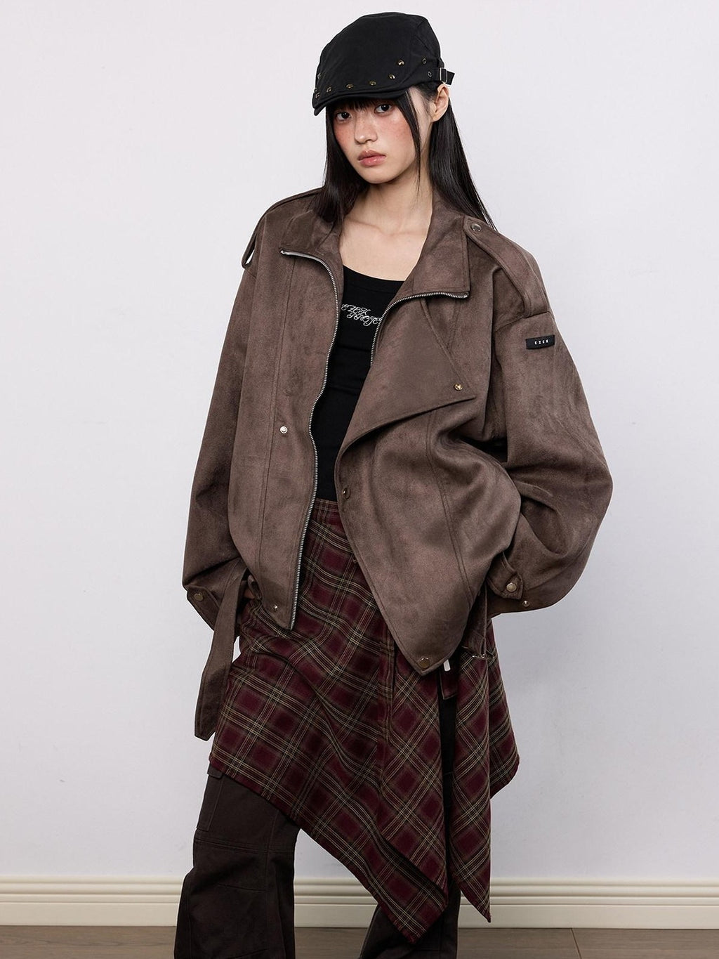 EZEK Brown Oversized Multi Pocket Women's Faux Suede Polyester Leather Jackets