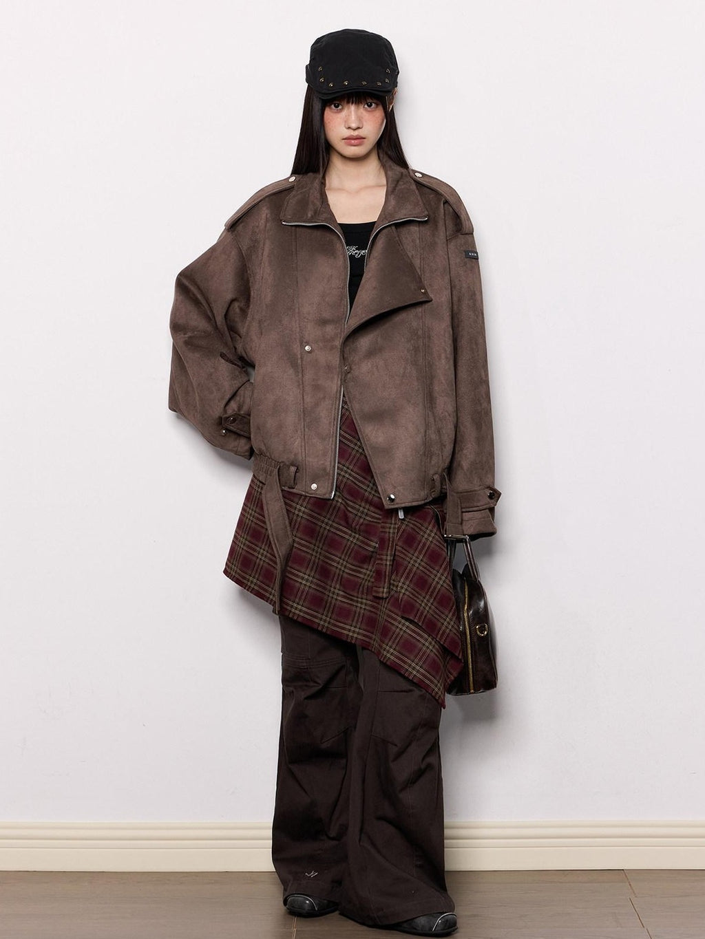 EZEK Brown Oversized Multi Pocket Women's Faux Suede Polyester Leather Jackets