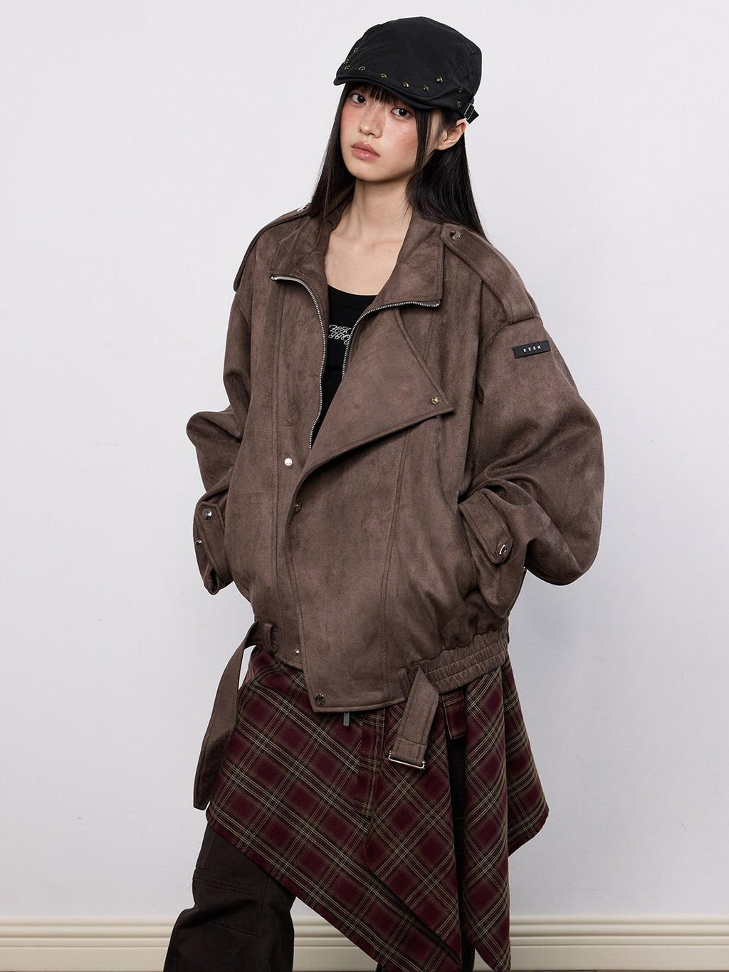 EZEK Brown Oversized Multi Pocket Women's Faux Suede Polyester Leather Jackets