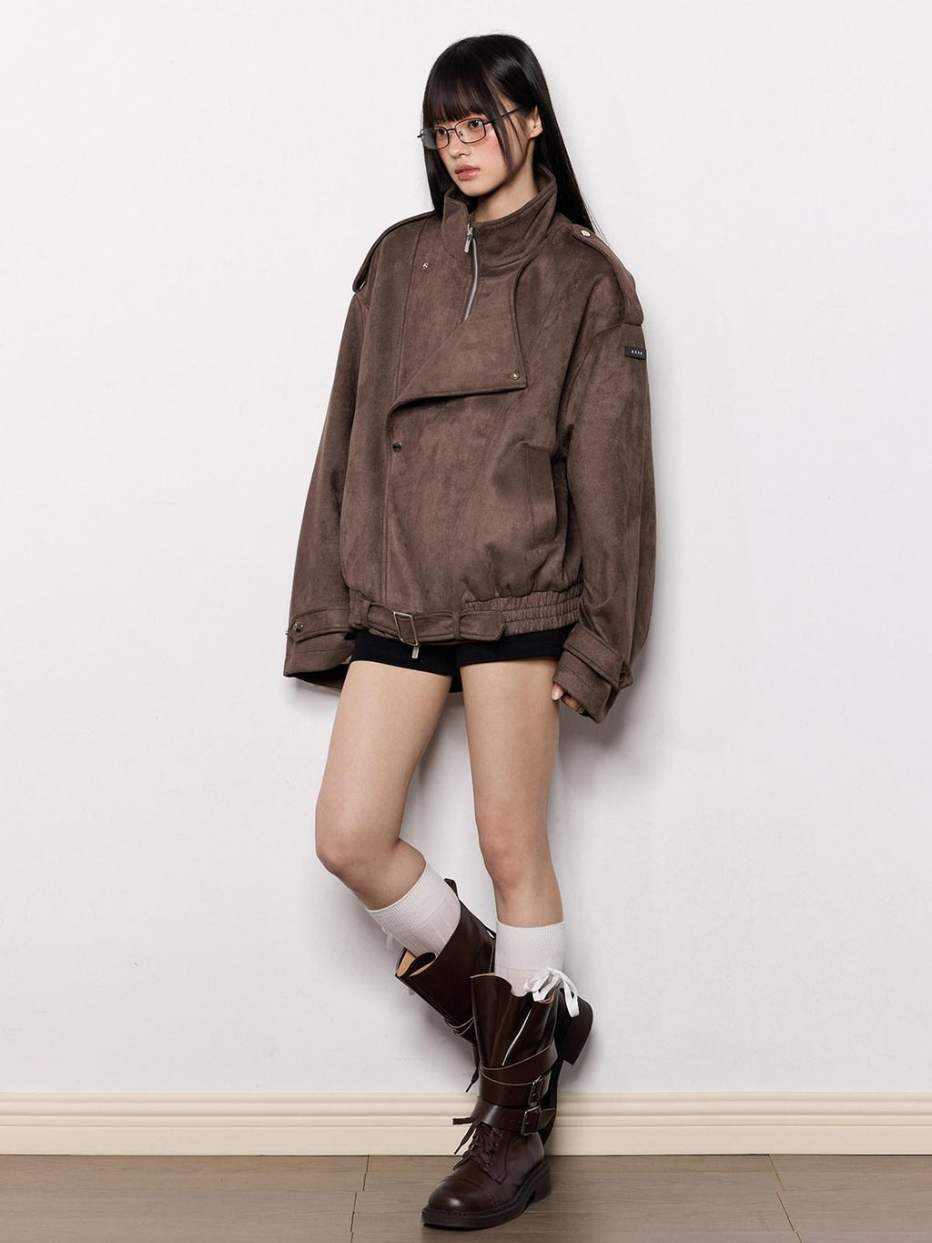 EZEK Brown Oversized Multi Pocket Women's Faux Suede Polyester Leather Jackets