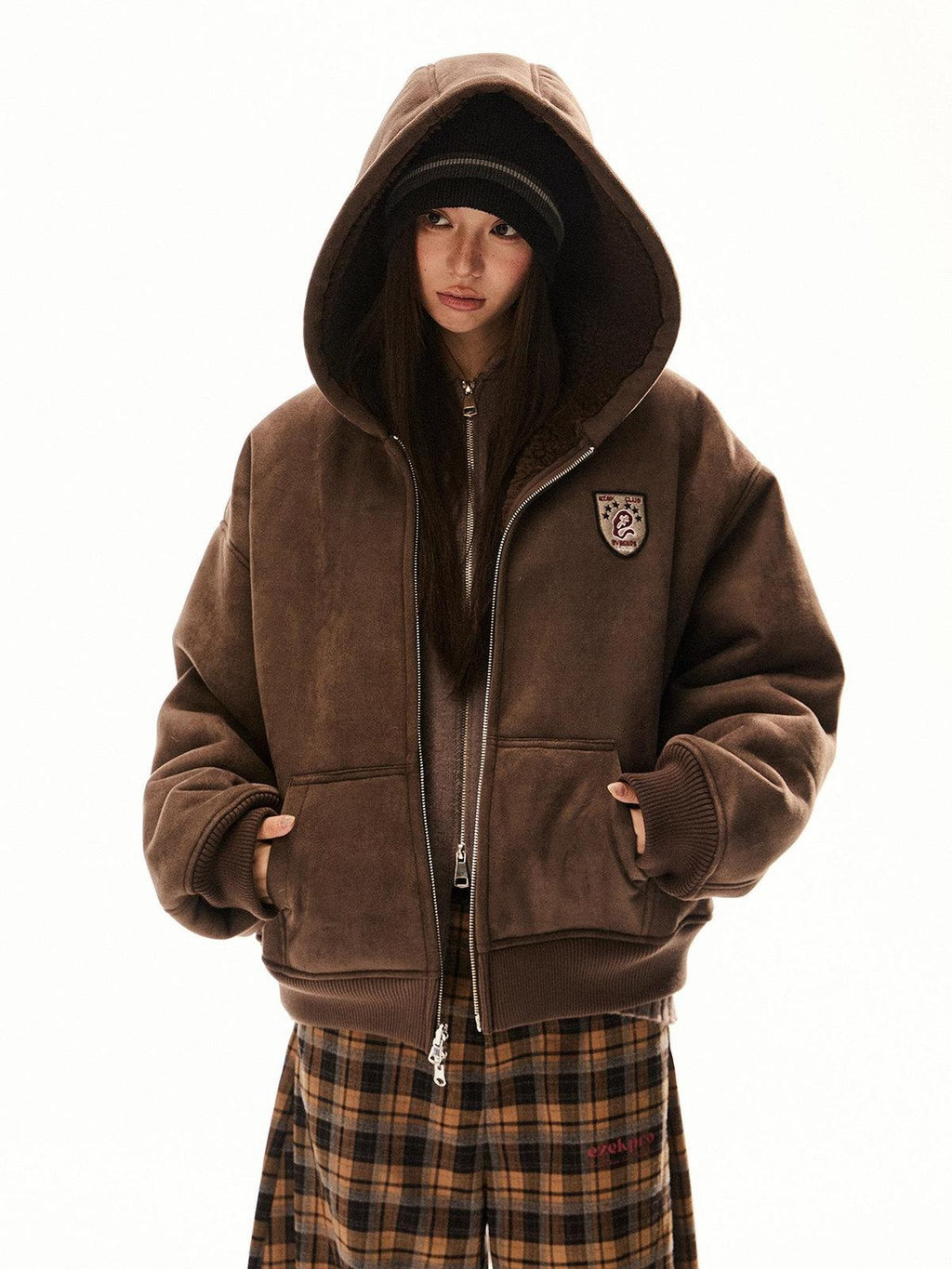 EZEK Brown Reversible Hooded Suede Plush Ribbed Hem Women's Polyester Puffer Jackets