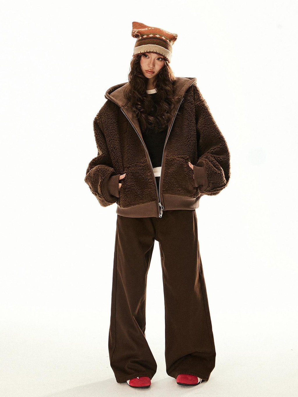 EZEK Brown Reversible Hooded Suede Plush Ribbed Hem Women's Polyester Puffer Jackets