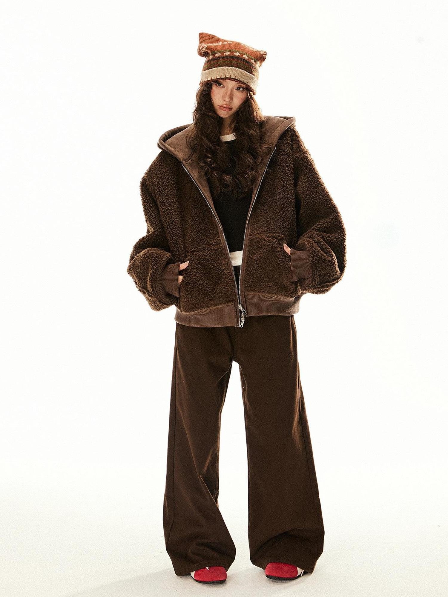 EZEK Brown Reversible Hooded Suede Plush Ribbed Hem Women's Polyester Puffer Jackets