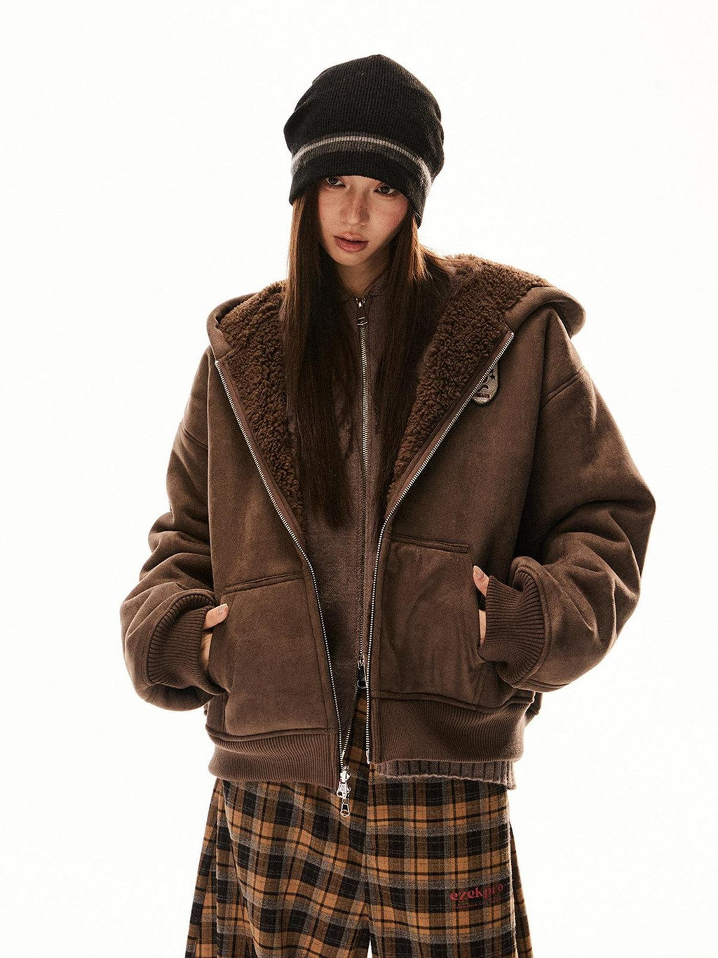 EZEK Brown Reversible Hooded Suede Plush Ribbed Hem Women's Polyester Puffer Jackets