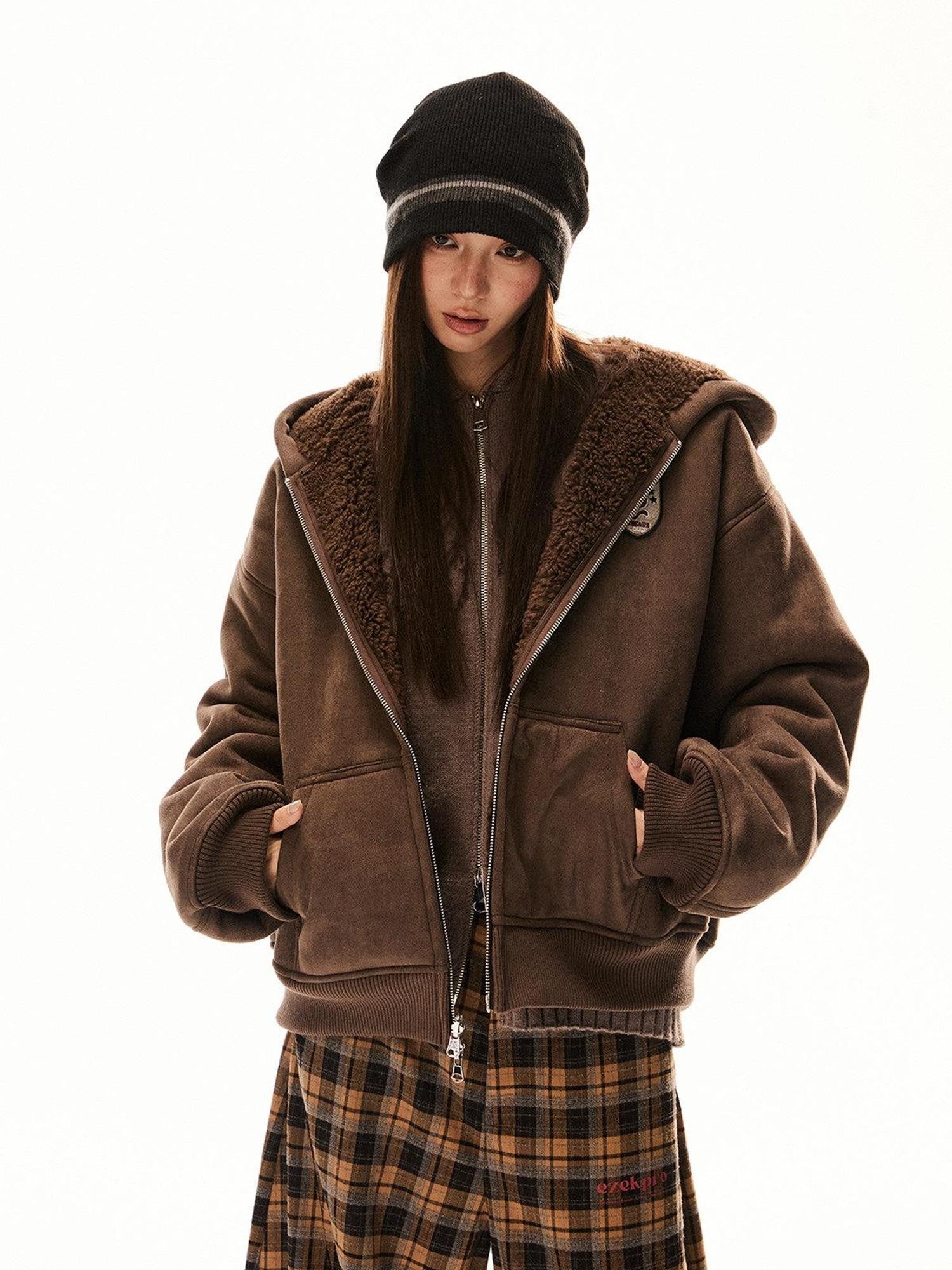 EZEK Brown Reversible Hooded Suede Plush Ribbed Hem Women's Polyester Puffer Jackets