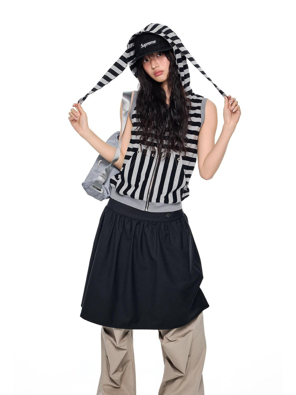 EZEK Bunny Ear Hooded Striped Zippered Patchwork Women's Cotton Blend Tank Tops