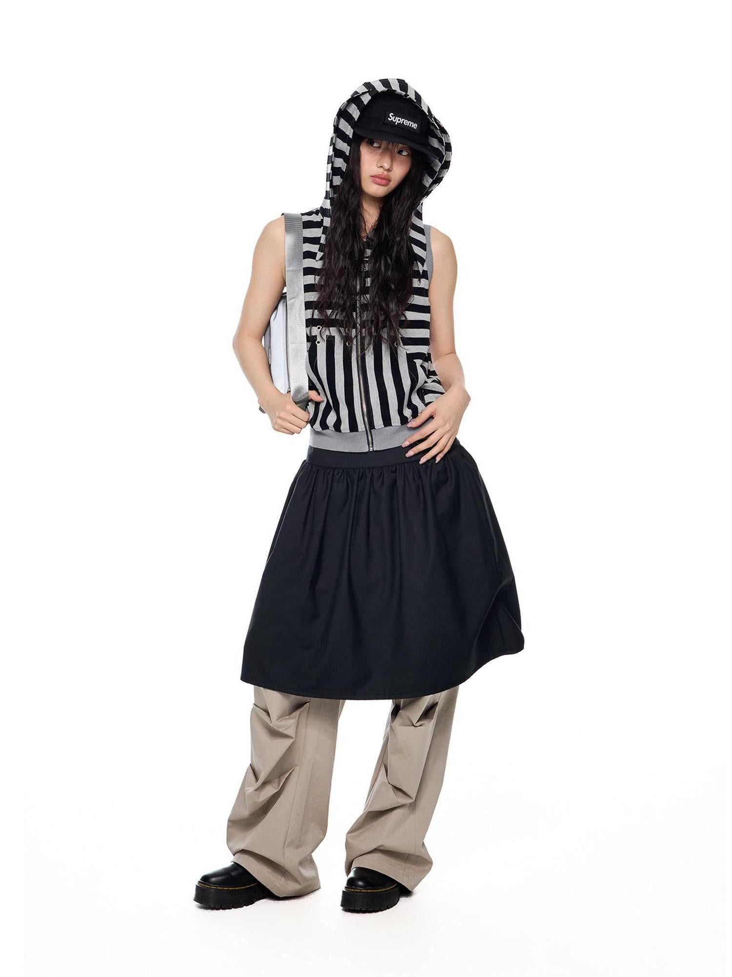 EZEK Bunny Ear Hooded Striped Zippered Patchwork Women's Cotton Blend Tank Tops