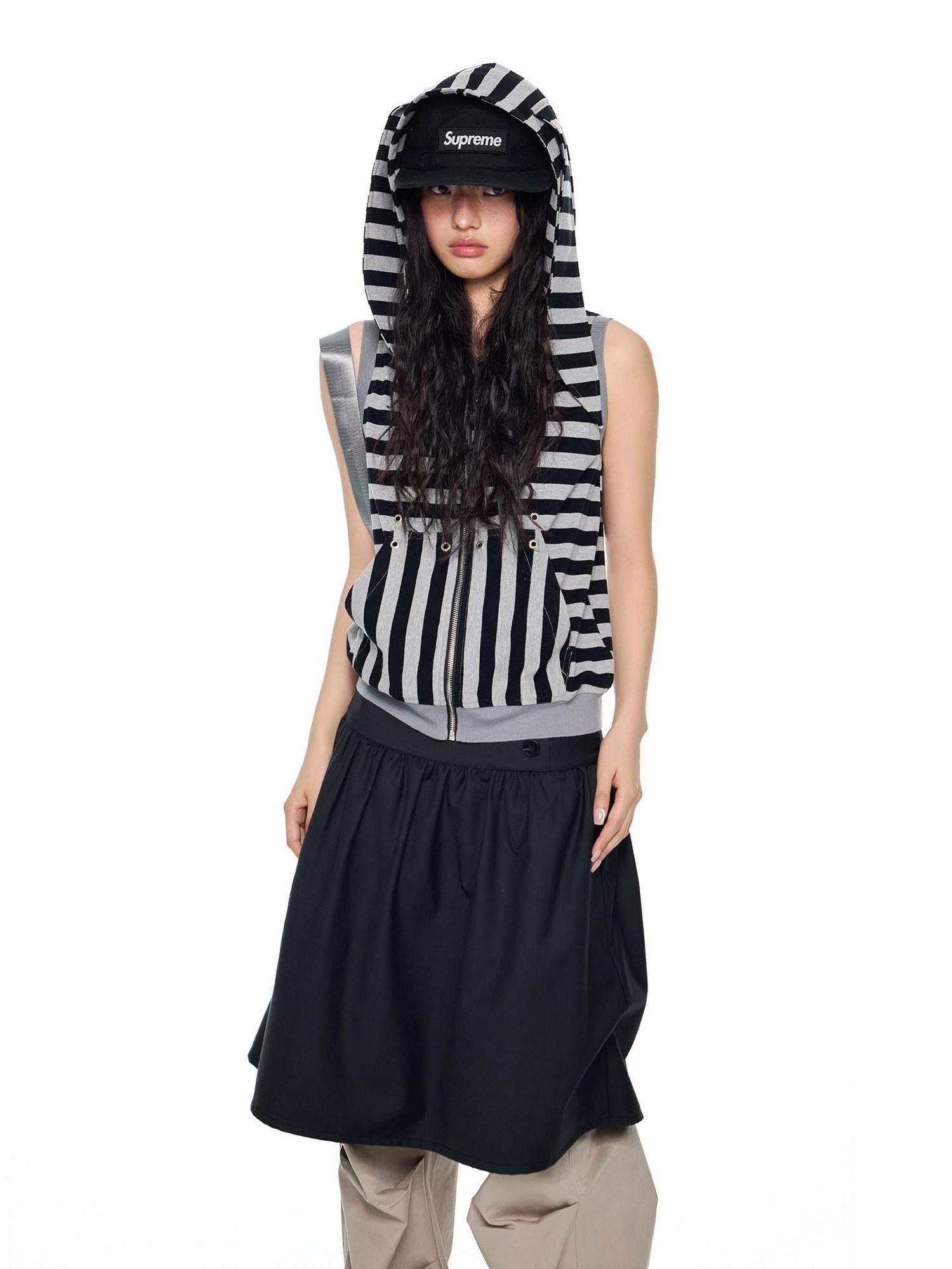 EZEK Bunny Ear Hooded Striped Zippered Patchwork Women's Cotton Blend Tank Tops
