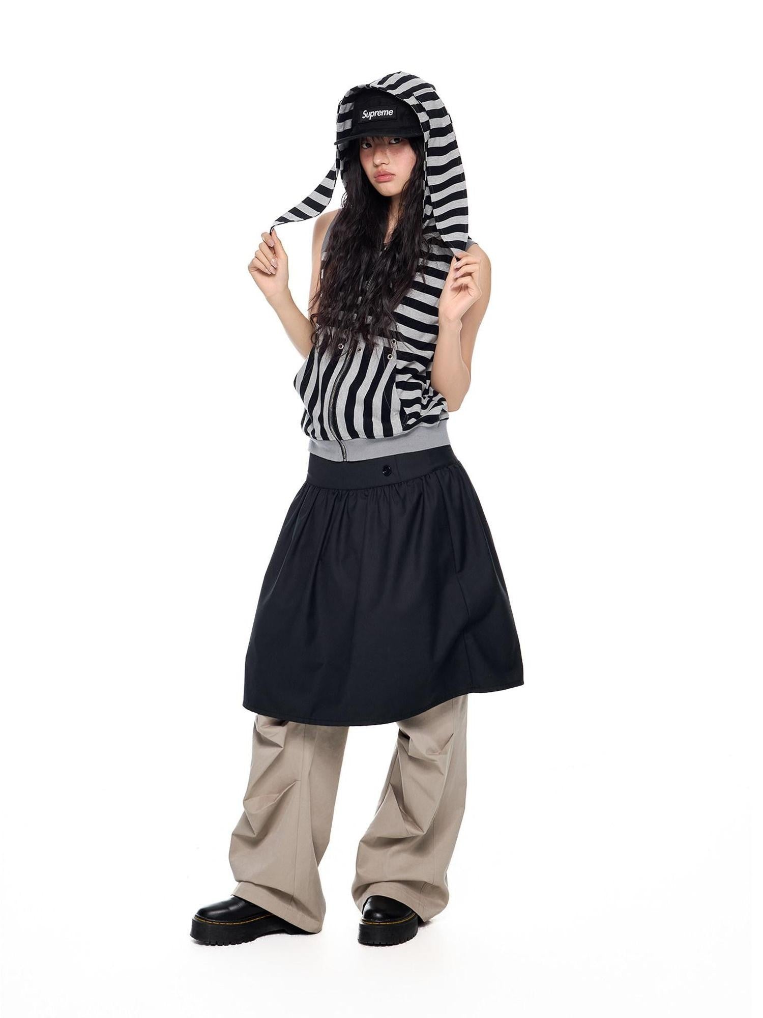 EZEK Bunny Ear Hooded Striped Zippered Patchwork Women's Cotton Blend Tank Tops