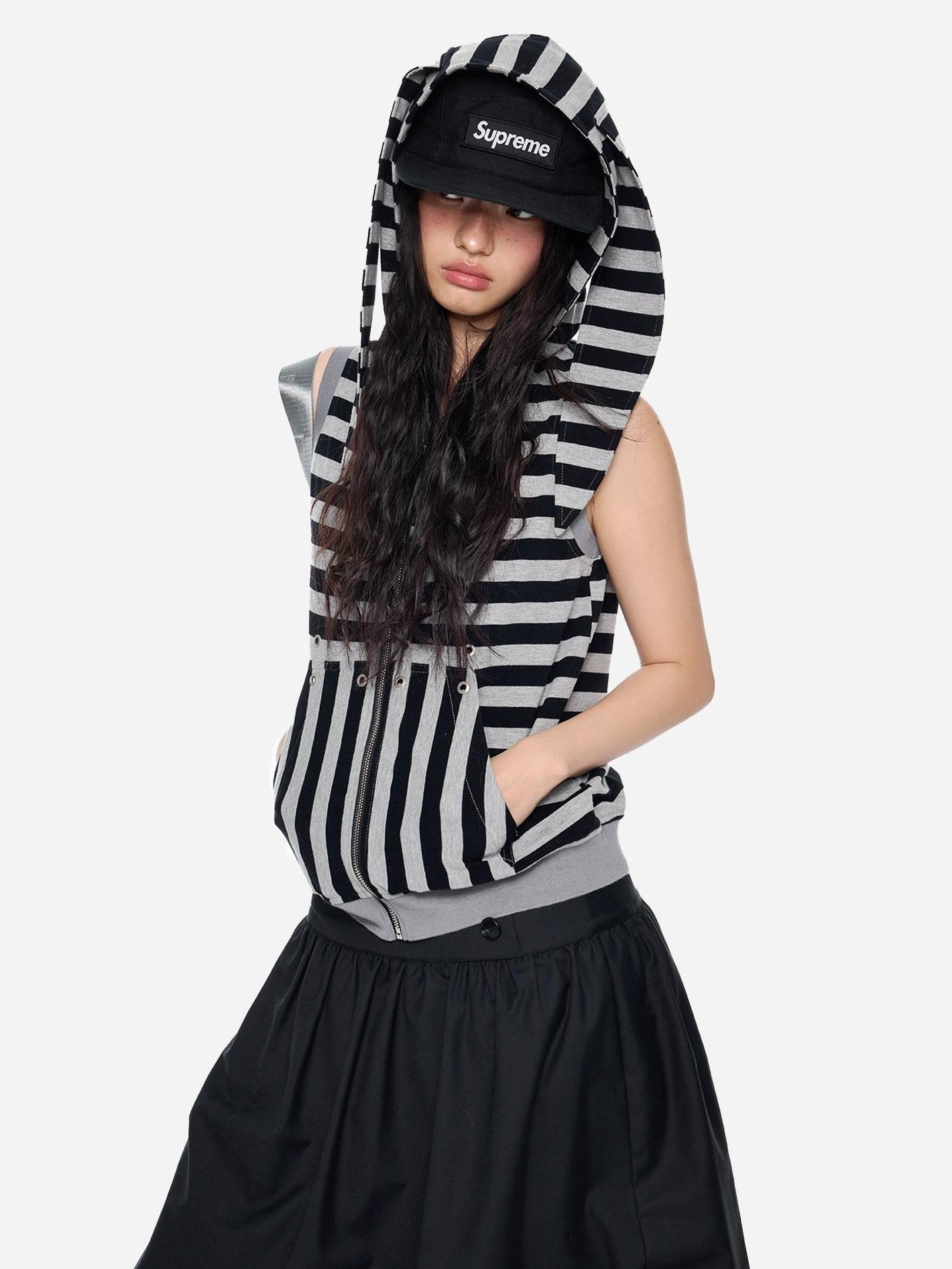 EZEK Bunny Ear Hooded Striped Zippered Patchwork Women's Cotton Blend Tank Tops