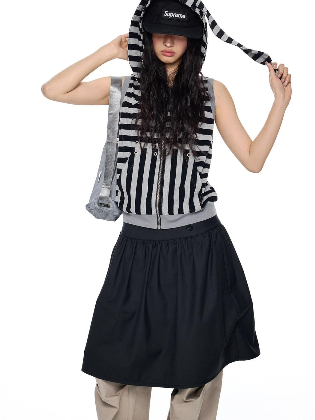 EZEK Bunny Ear Hooded Striped Zippered Patchwork Women's Cotton Blend Tank Tops