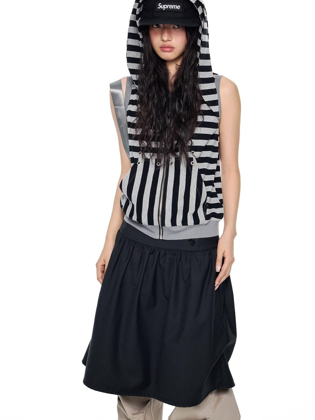 EZEK Bunny Ear Hooded Striped Zippered Patchwork Women's Cotton Blend Tank Tops