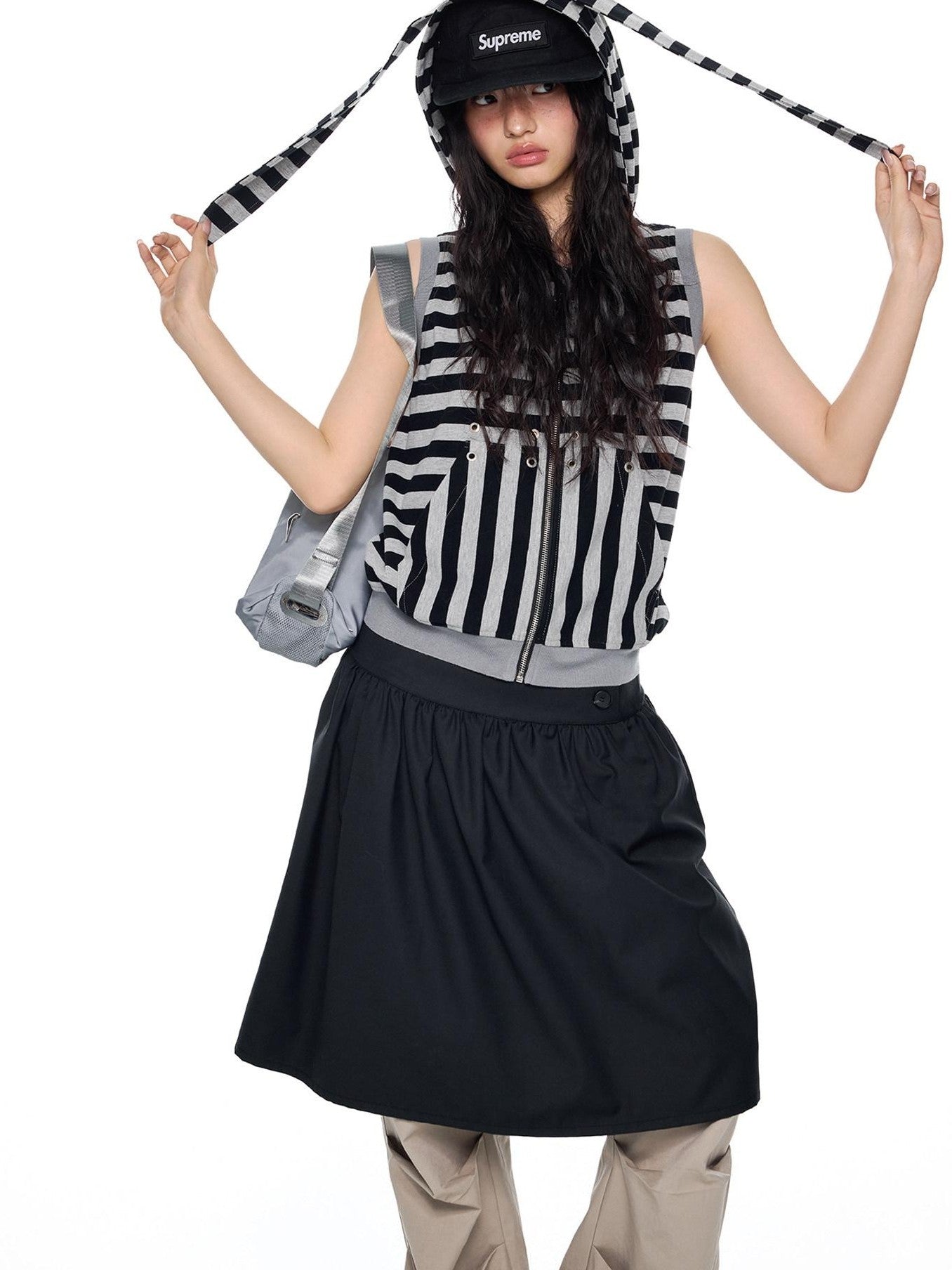 EZEK Bunny Ear Hooded Striped Zippered Patchwork Women's Cotton Blend Tank Tops