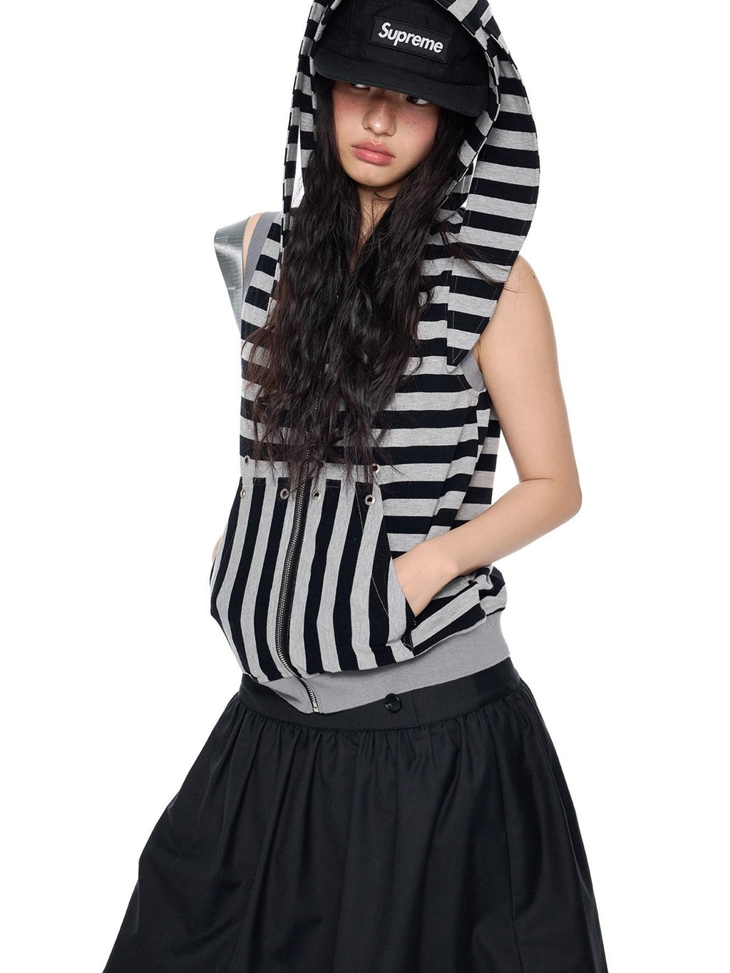 EZEK Bunny Ear Hooded Striped Zippered Patchwork Women's Cotton Blend Tank Tops
