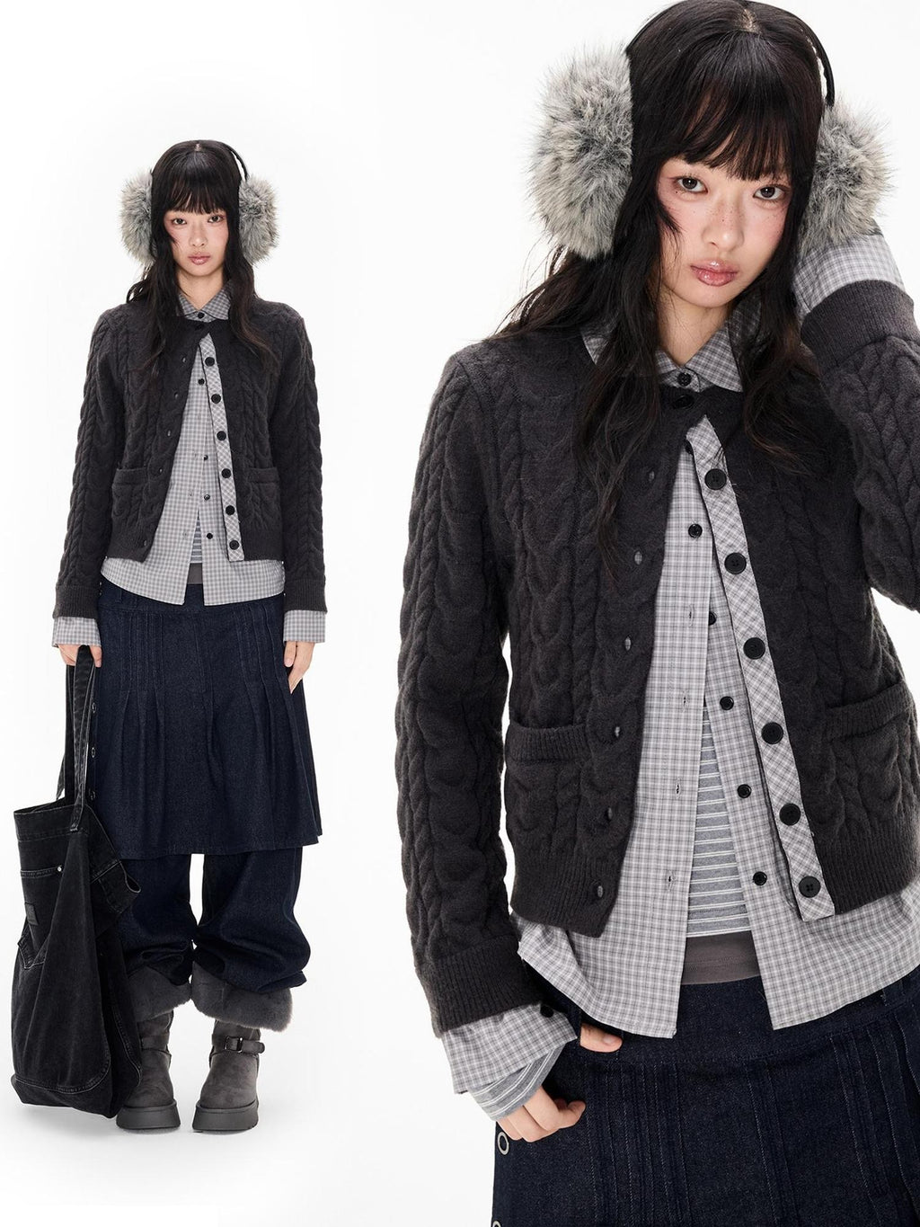 EZEK Cable Plaid Spliced Button Front Relaxed Fit Women's Knit Cardigans