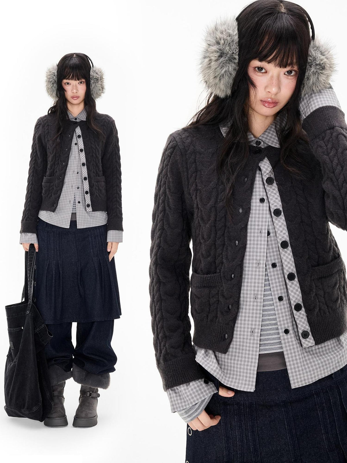 EZEK Cable Plaid Spliced Button Front Relaxed Fit Women's Knit Cardigans
