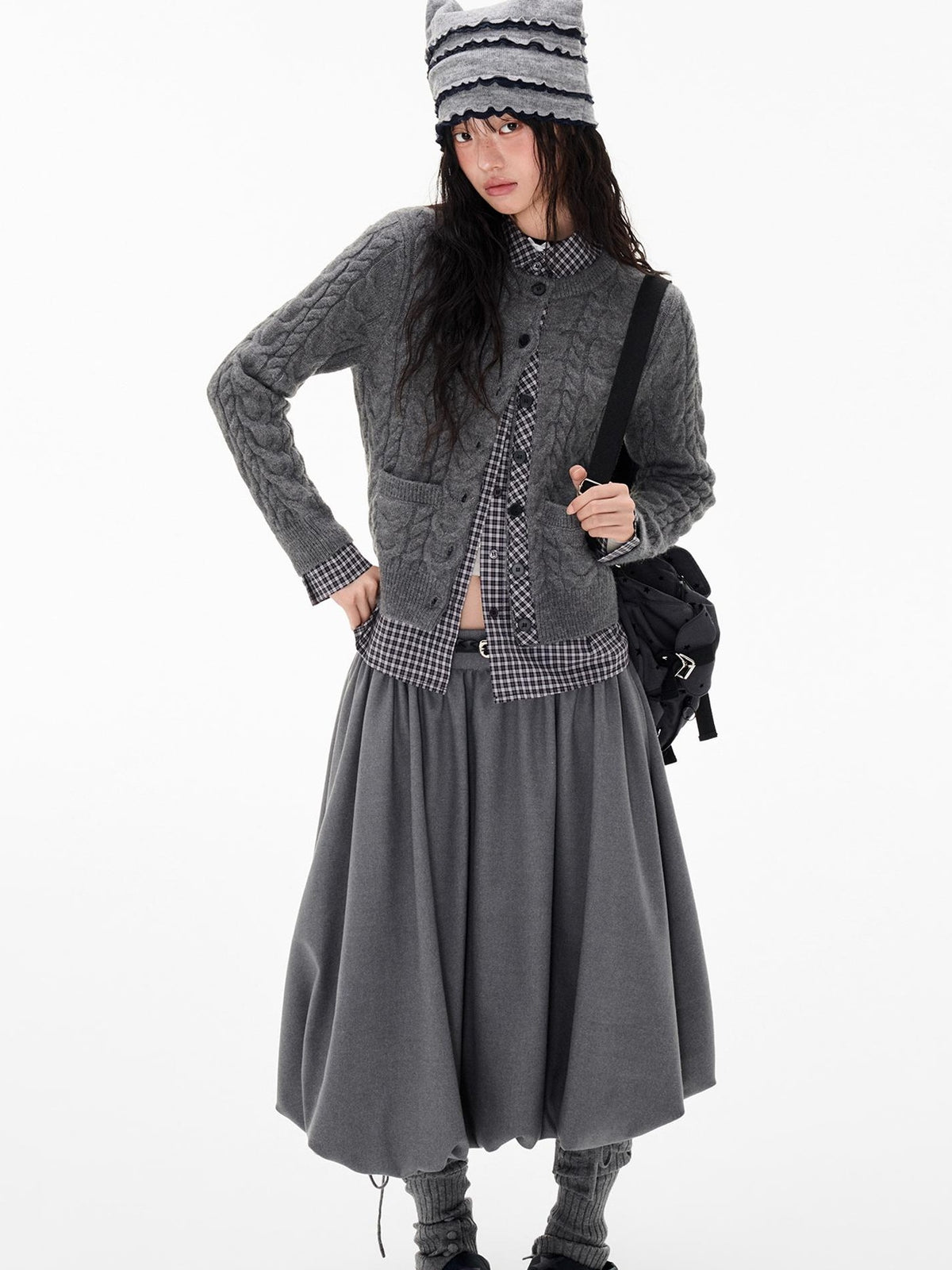 EZEK Cable Plaid Spliced Button Front Relaxed Fit Women's Knit Cardigans