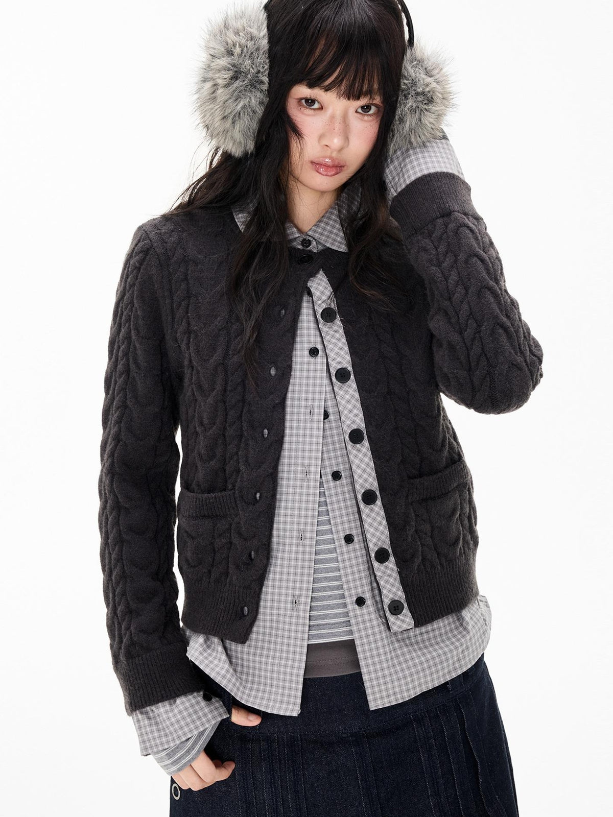 EZEK Cable Plaid Spliced Button Front Relaxed Fit Women's Knit Cardigans