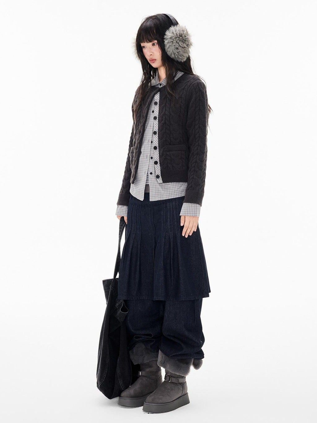 EZEK Cable Plaid Spliced Button Front Relaxed Fit Women's Knit Cardigans