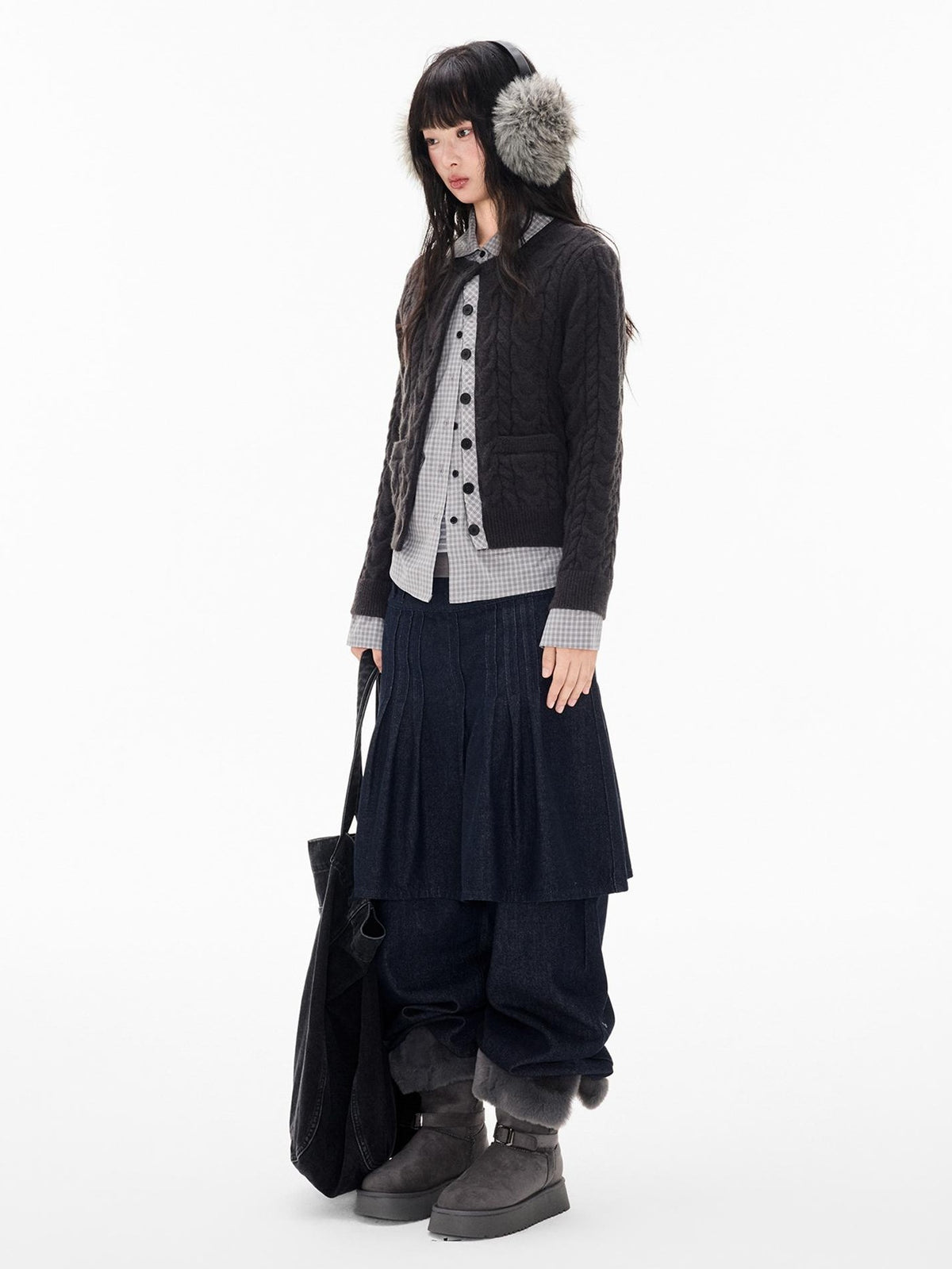 EZEK Cable Plaid Spliced Button Front Relaxed Fit Women's Knit Cardigans