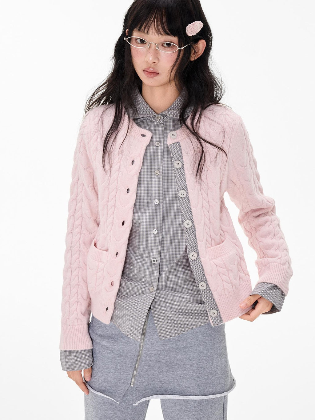 EZEK Cable Plaid Spliced Button Front Relaxed Fit Women's Knit Cardigans