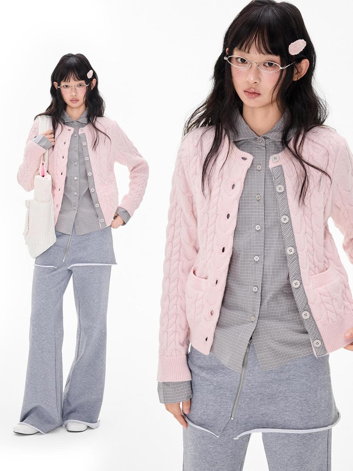 EZEK Cable Plaid Spliced Button Front Relaxed Fit Women's Knit Cardigans